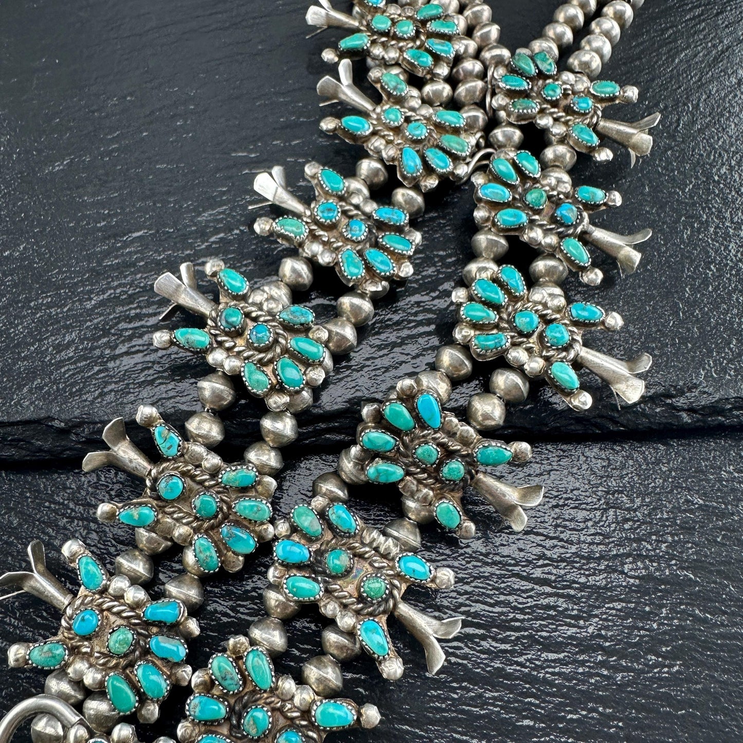 Vintage Zuni Sterling Silver Floral Squash Blossom Necklace with Blue Turquoise Cluster