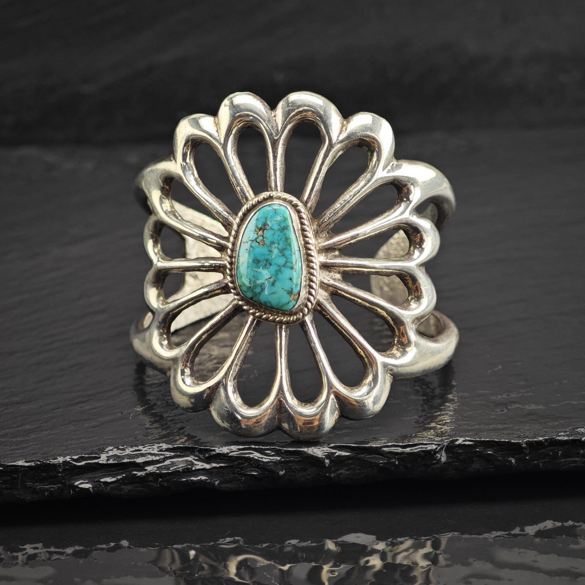 Vintage Native American Turquoise Sand Cast Flower Sterling Silver Cuff Sz 5 3/4" BR3127