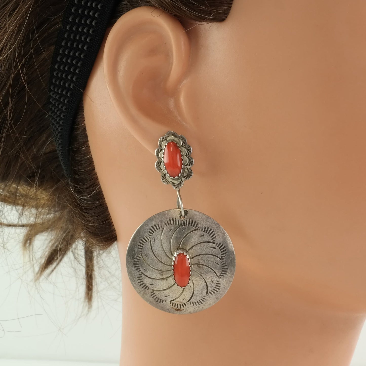 Native American Sterling Silver Red Coral Stamped, Shield Earrings Stud, Dangle