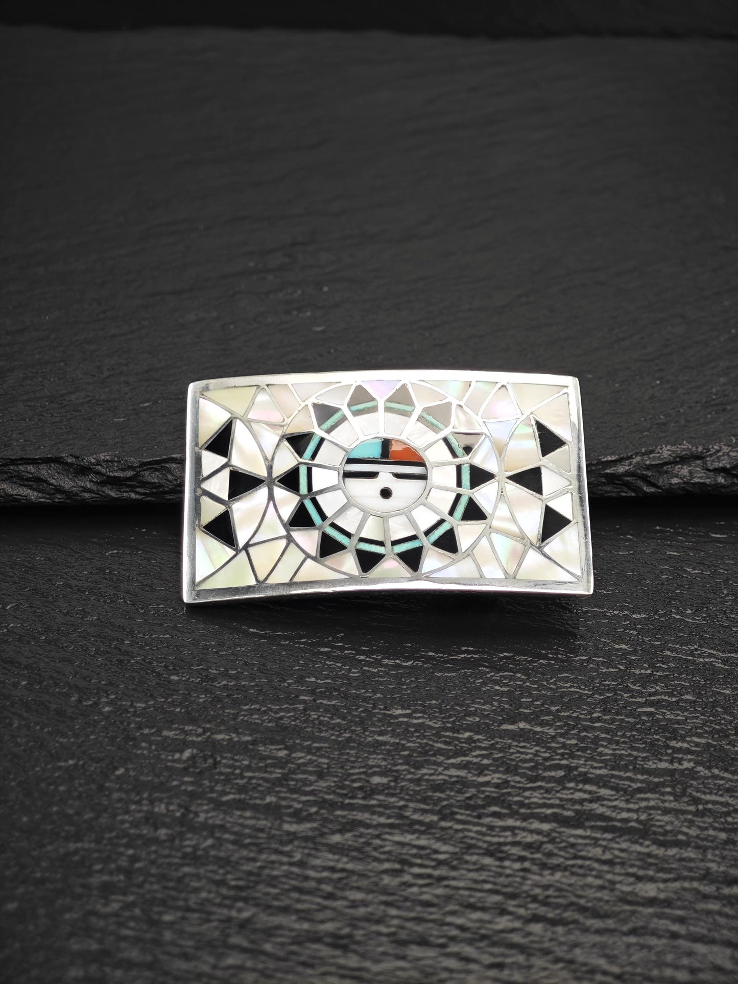 Zuni, Native American Sunface, Inlay Belt Buckle Sterling Silver
