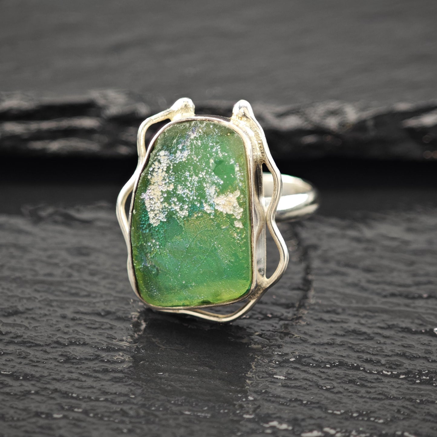 Sterling Silver Ring: Sea Glass Centerpiece - Vintage Style Size 8