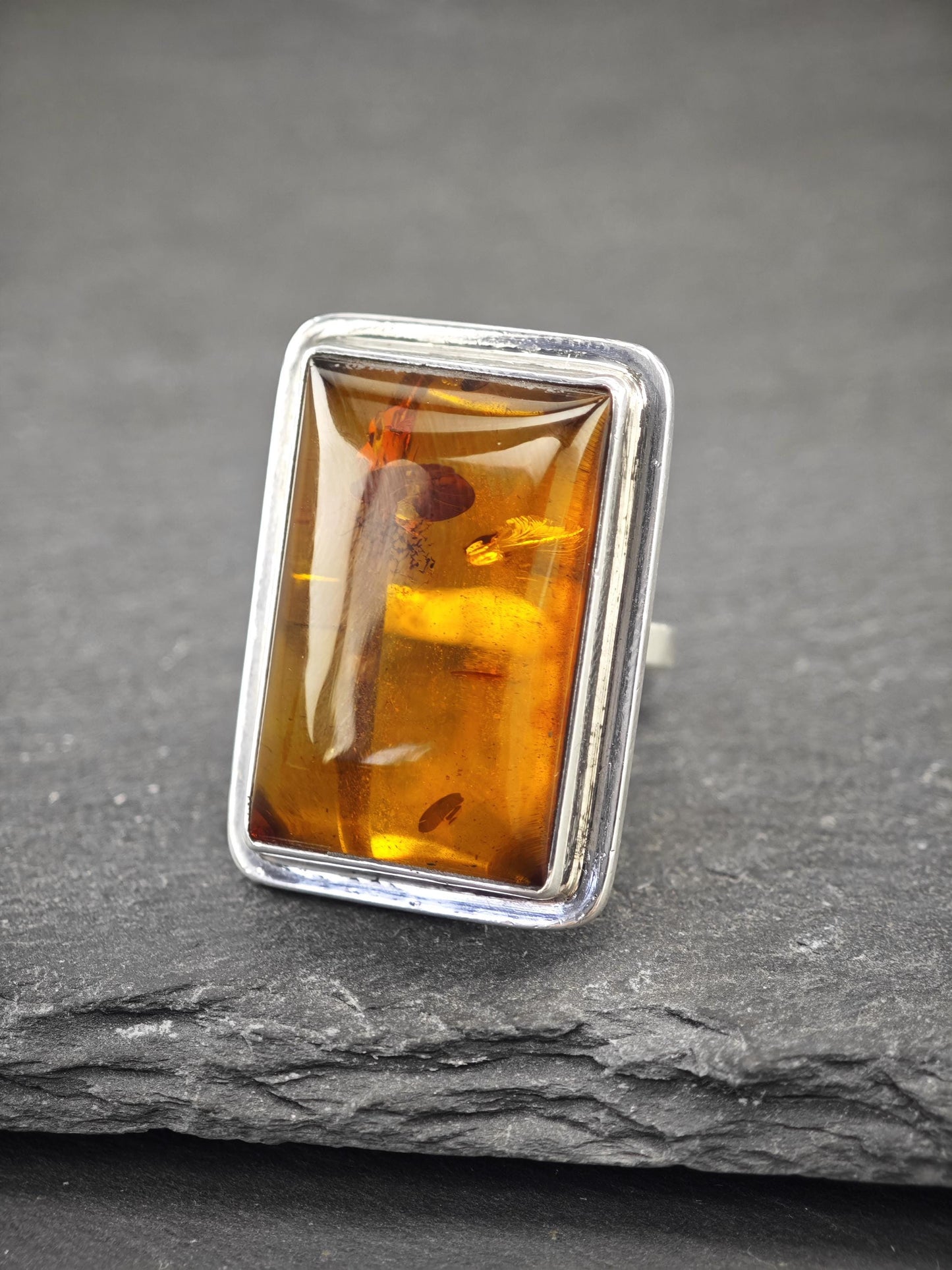 Large Rectangular Amber Ring Sterling Silver