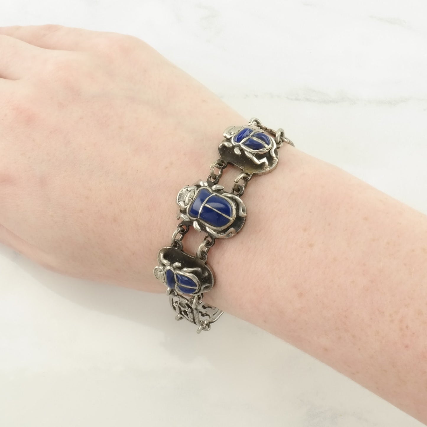 Archeological Revival Sterling Silver Link Bracelet Blue Enamel Scarab, Egyptian Themes