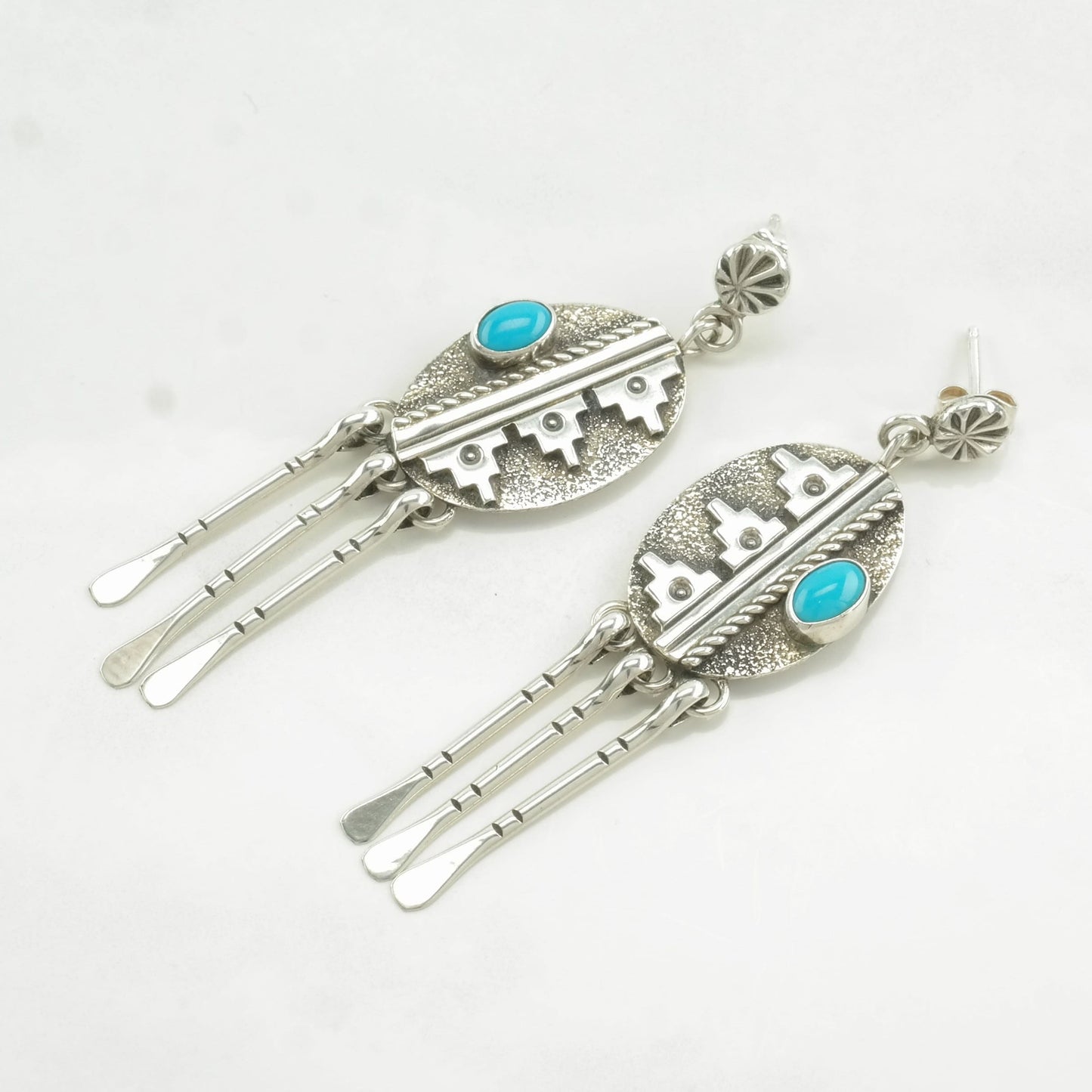 Native American Sterling Silver Blue Turquoise Overlay Earrings Stud, Dangle