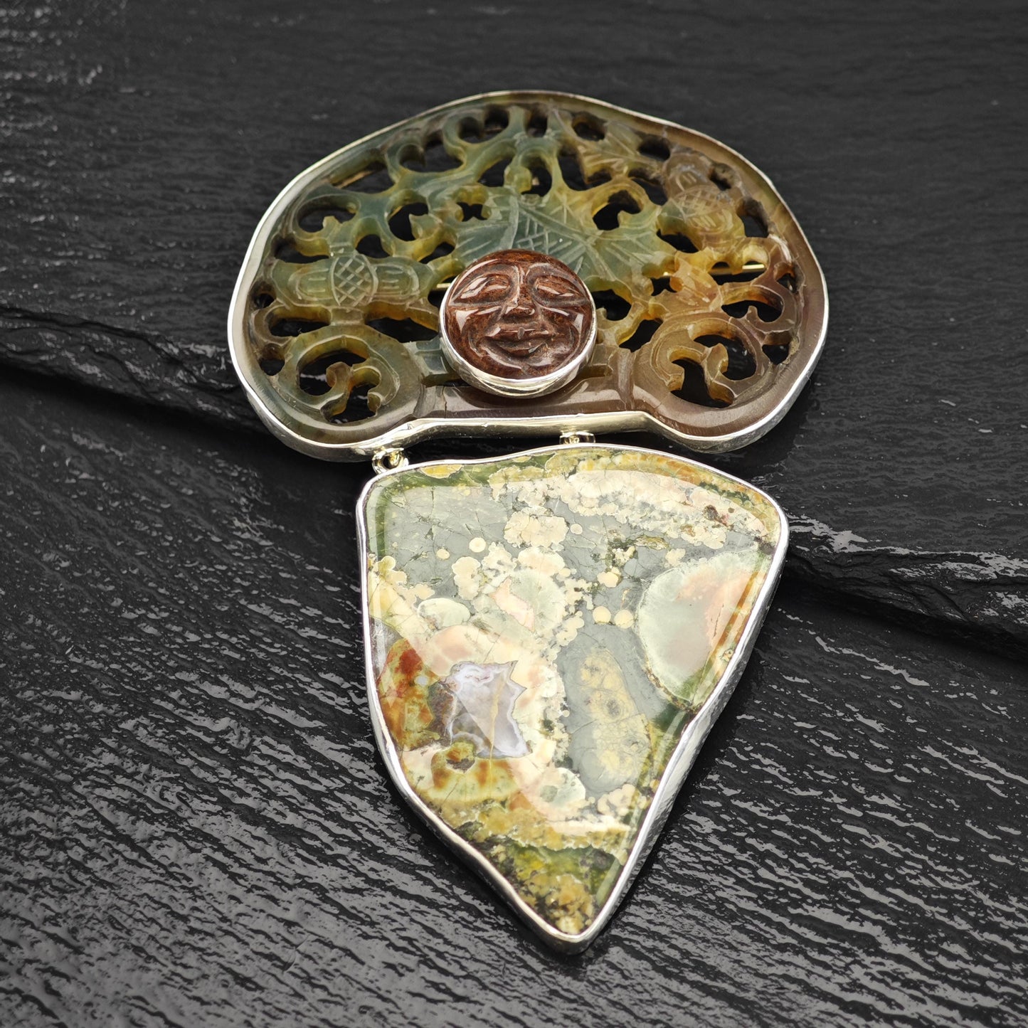 AKR Sterling Silver Brooch Pendant Carved Multi-color Averturine Jasper B2145