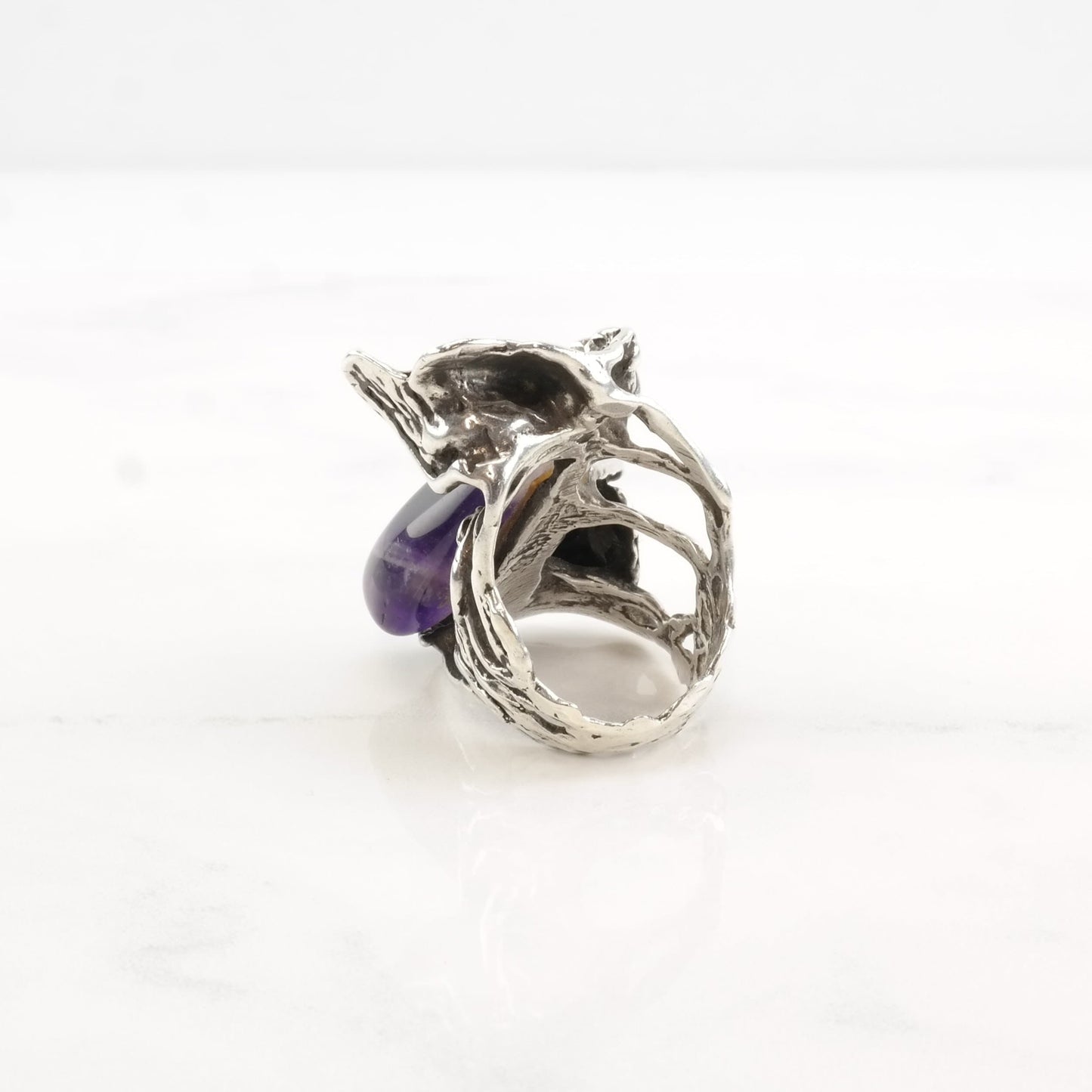 Brutalist Silver Ring Amethyst Leaf Flower Sterling Size 7 1/2