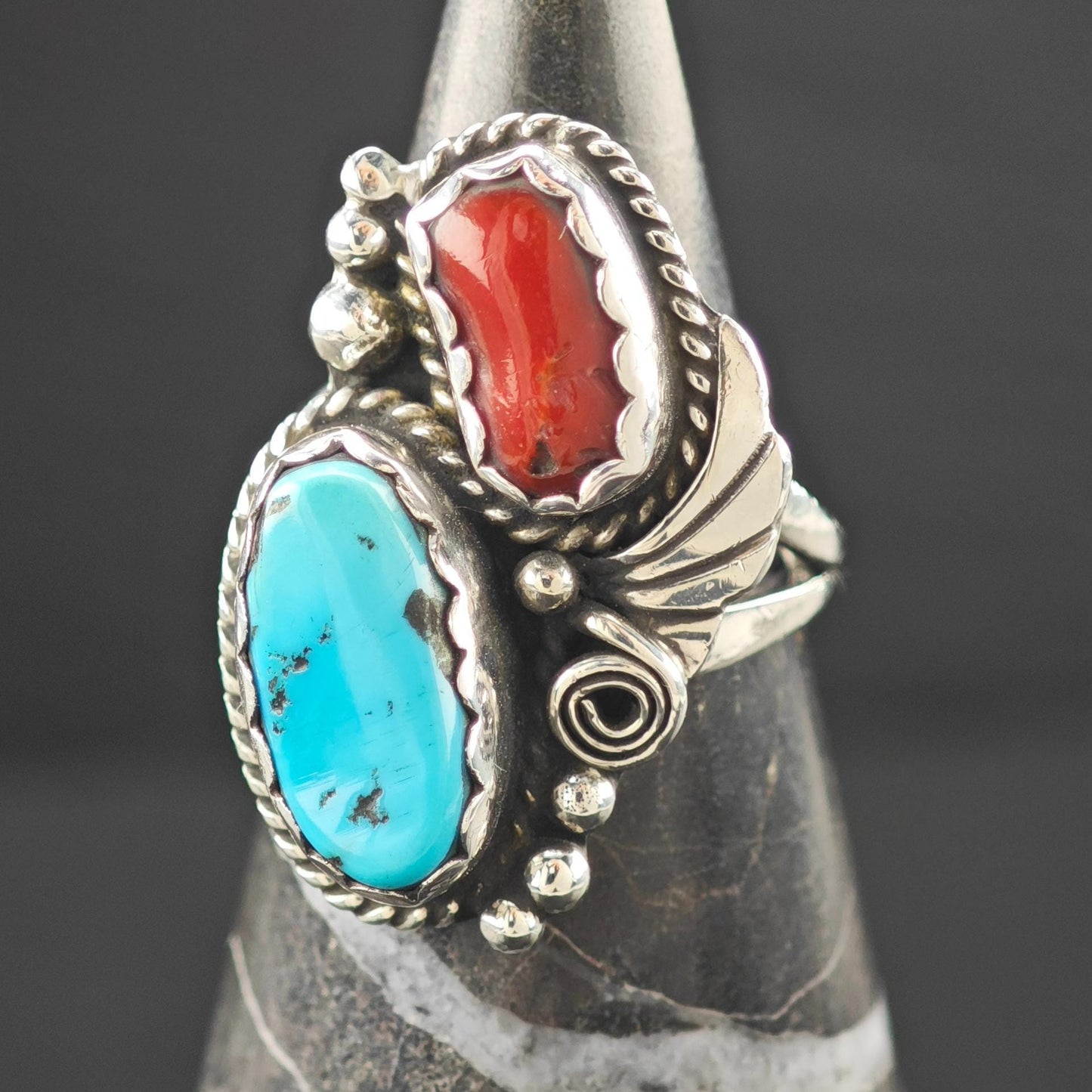 Native American Turquoise Coral Ring Sterling Silver