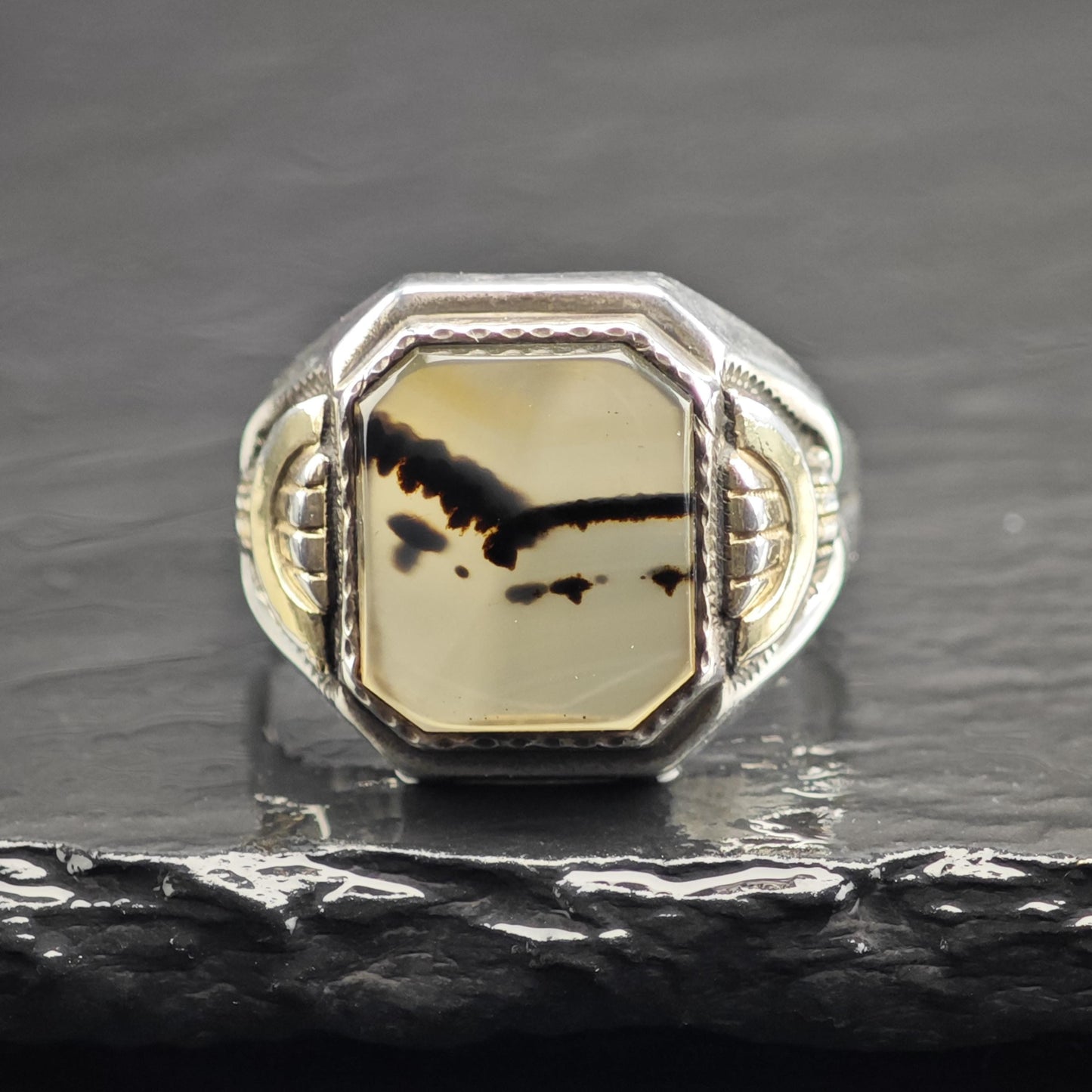 Art Deco Dendritic Moss Agate Signet Sterling Silver Ring Sz 11 1/2 R6719