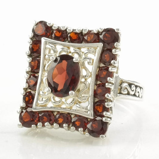 Art Deco Style Sterling Silver Ring, Garnet Filigree Red Size 9