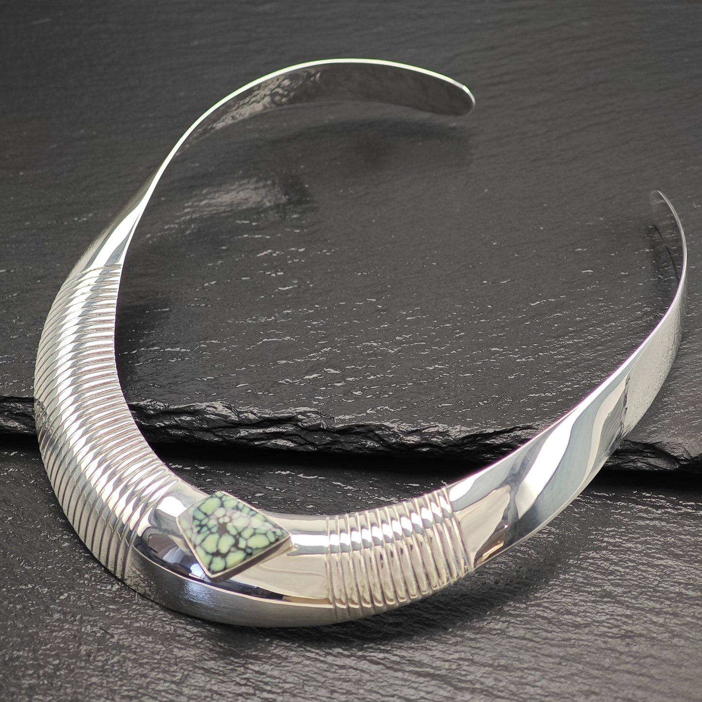 Native Green Variscite, Spiderweb Choker Necklace Sterling Silver Collar N2570