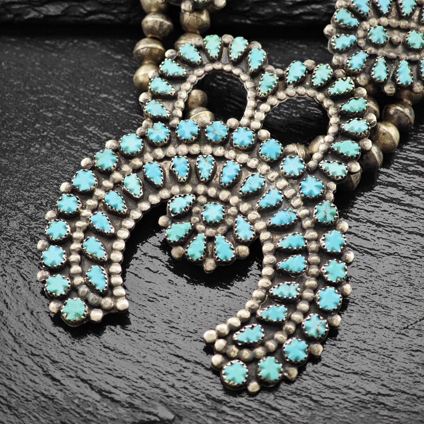 Zuni Carved Turquoise Cluster Squash Blossom Necklace Sterling Silver 30 1/2" N2668