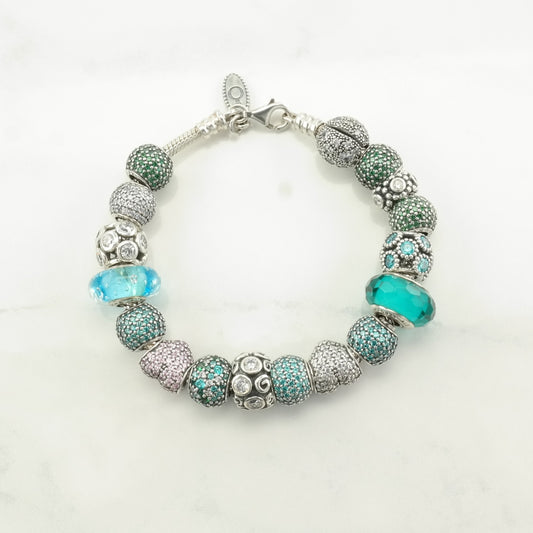 Vintage Pandora Sterling Silver Charm Bracelet Teal, Green, Aqua Enamel, CZ Pave, Flower, Heart, 17 Charms