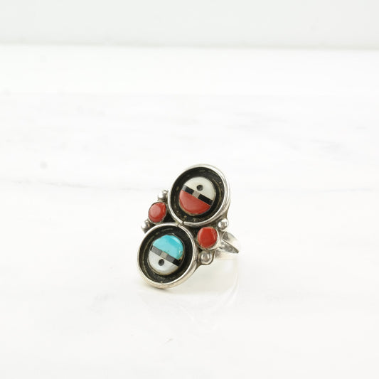 Native American Silver Ring Coral Turquoise MOP Onyx Two Sun Inlay Sterling Size 6 1/2