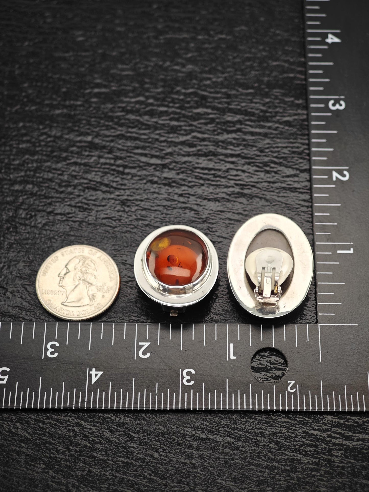 Large Modernist Amber Sterling Silver Clip On Earrings