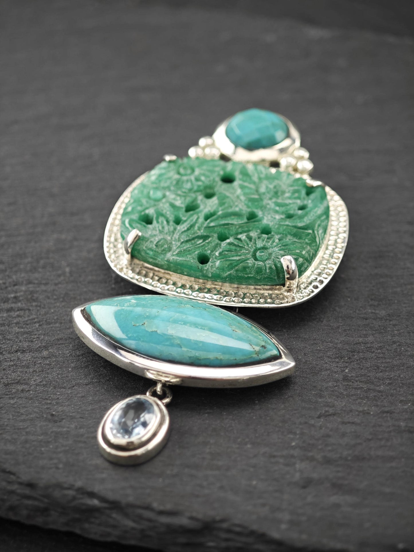 AKR Pendant Turquoise Carved Jade Quartzite Brooch Sterling Silver