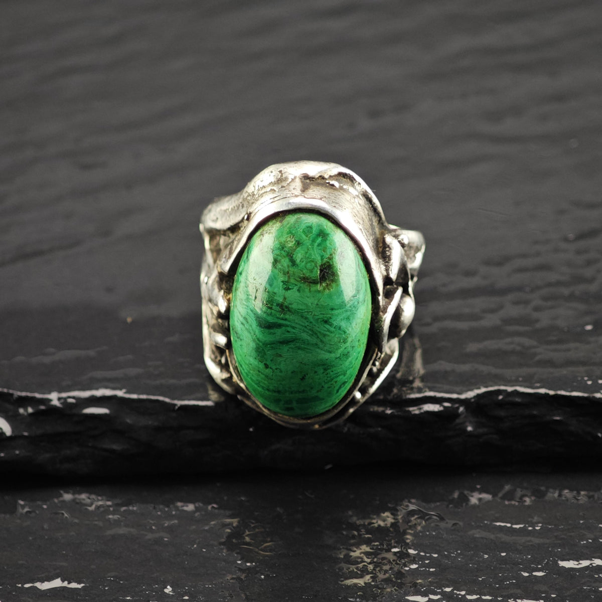 Brutalist Malachite Sterling Silver Ring Sz 7 R6878