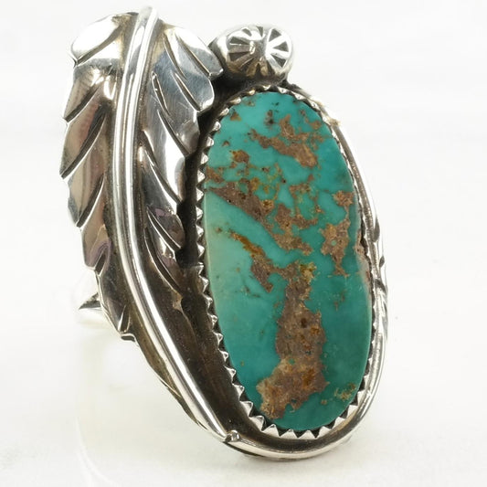 Vintage Native American Silver Ring Royston Turquoise Leaf Flower Sterling Size 7 3/4