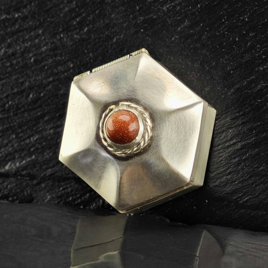 Vintage Orange Goldstone Trinket Box Sterling Silver MISC0424