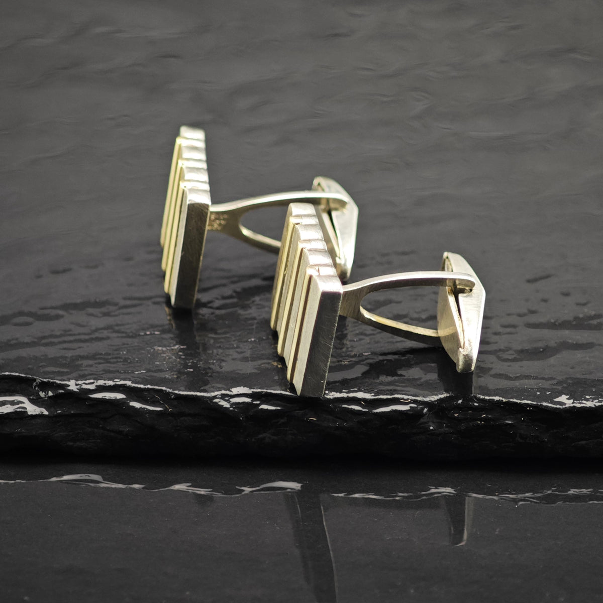 L&M Square 14K Gold Ribbed Accent Sterling Silver Cufflinks MISC0431