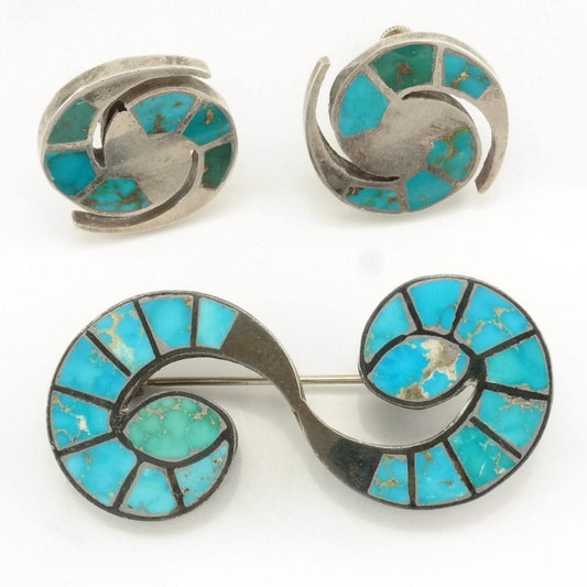 Historic, Early Zuni Inlay Sterling Silver Brooch Earrings Set , Hummingbird, Blue Turquoise