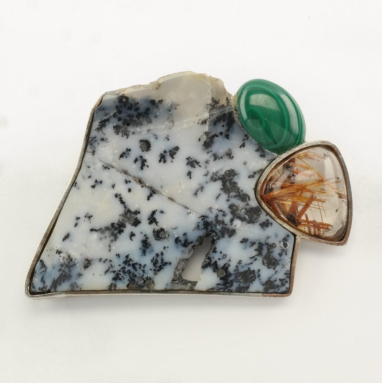 Sterling Silver Brooch Dendric Agate Malachite Rutile Quartz B1718