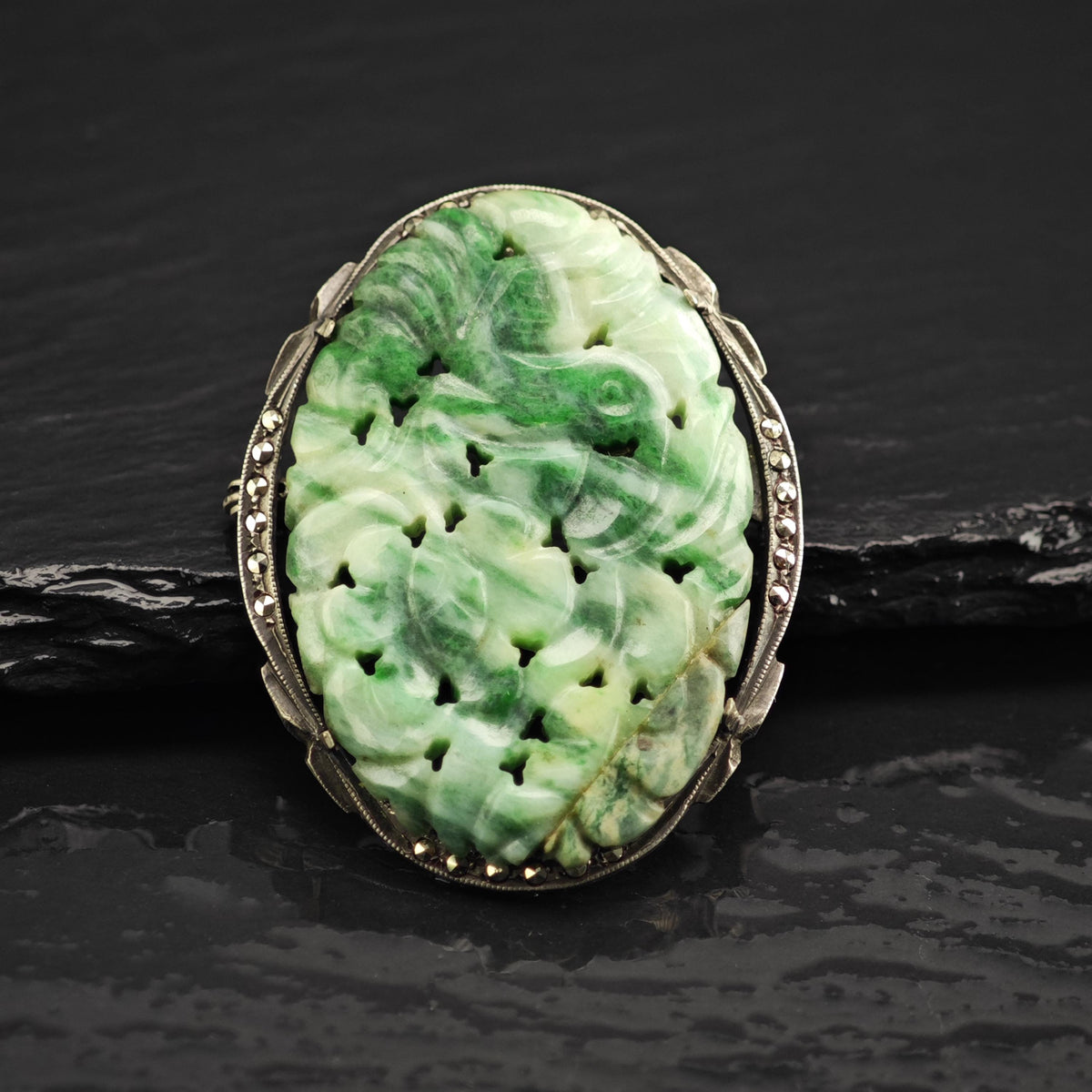 Art Deco Carved Jade Brooch Pendant 800 Silver B2245