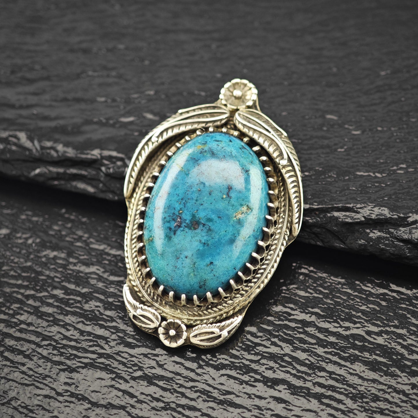 Native Treated Turquoise Floral Pendant Sterling Silver P2797