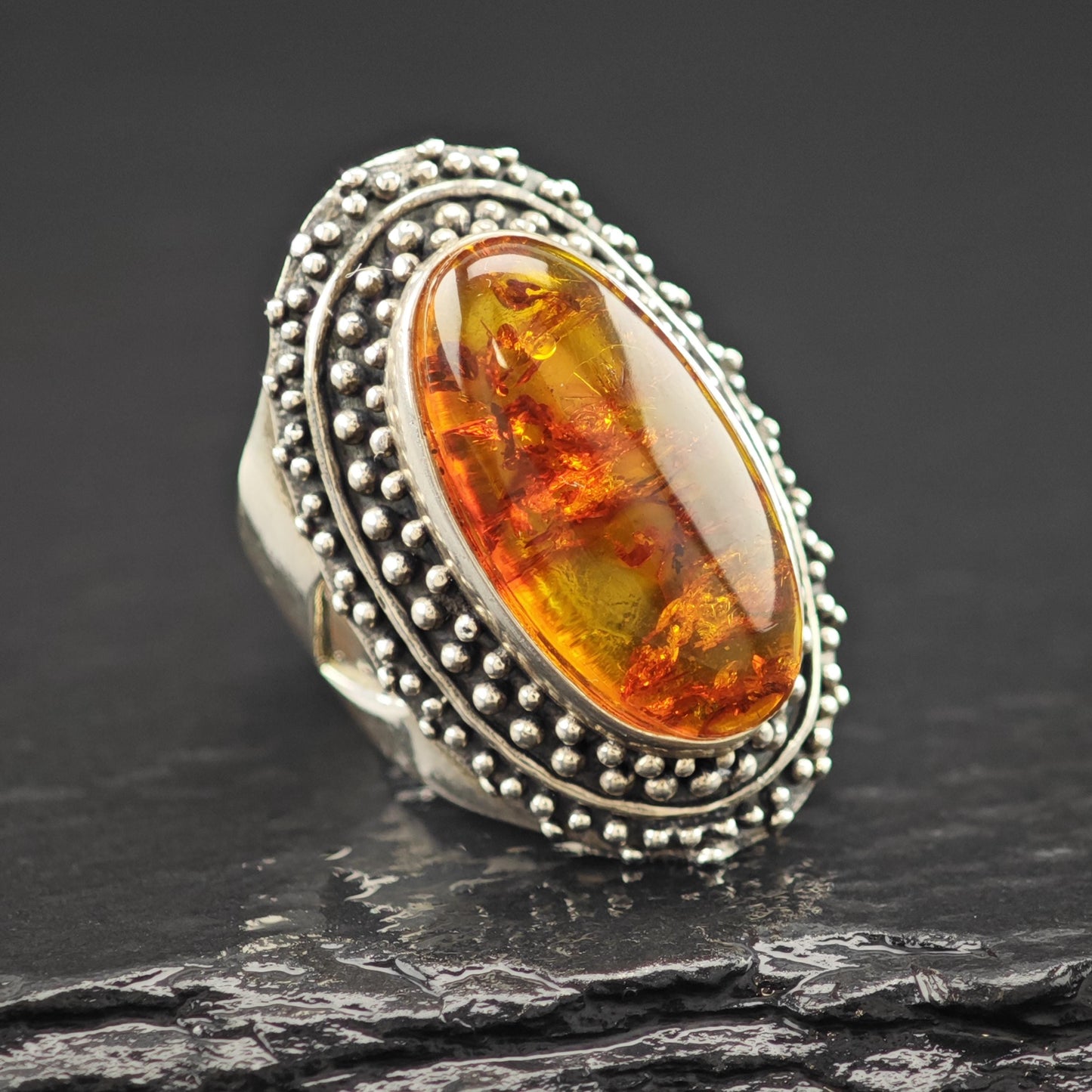 Oval Amber Ring Sterling Silver Statement Jewelry Size 6 R6091