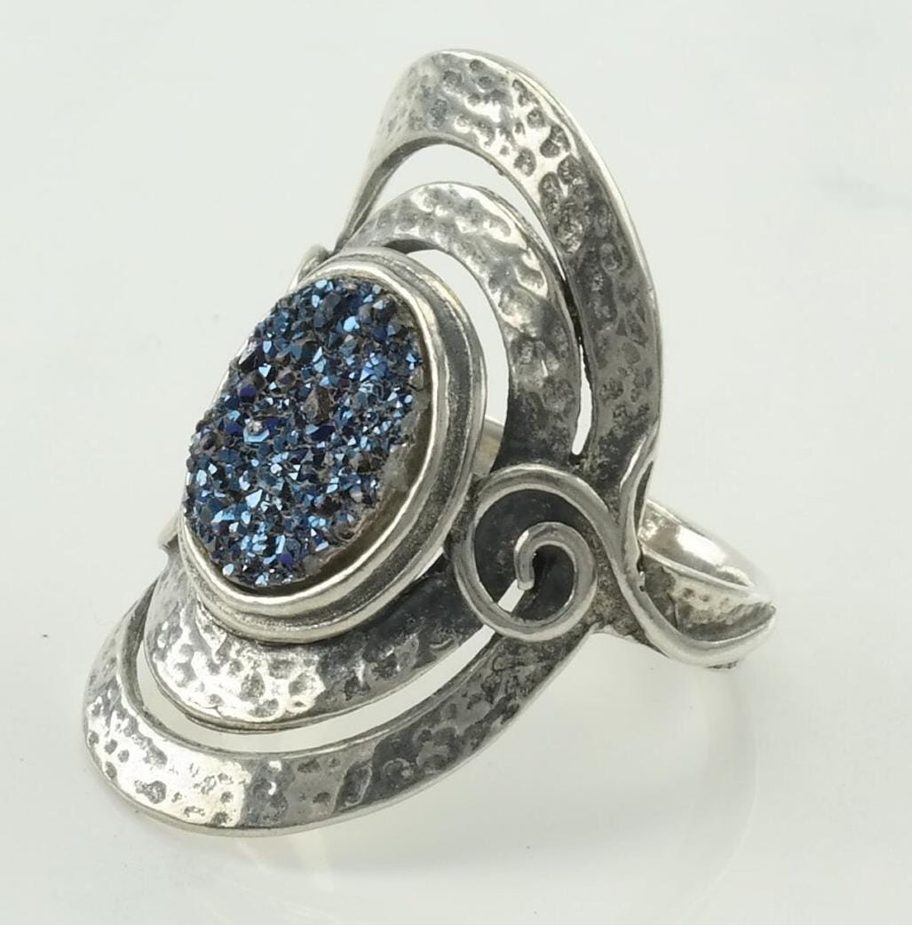 Vintage Modernist Silver Ring Druzy Shield Sterling Blue Size 8 1/4