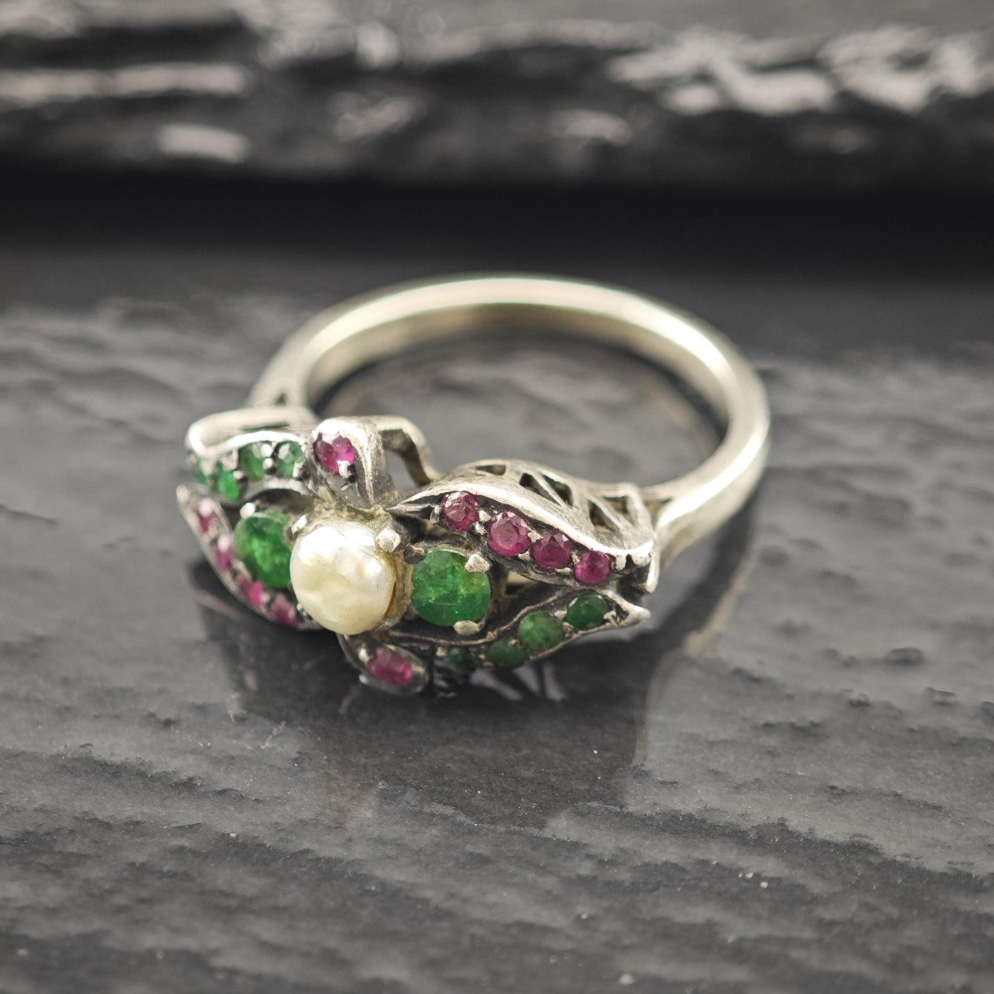 Antique Victorian Emerald Ruby Natural Pearl Ring Sterling Silver Size 6 3/4