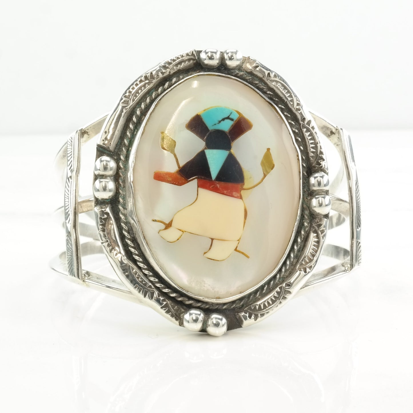 Native American Sterling Silver MOP Coral Turquoise Onyx Inlay Cuff Bracelet