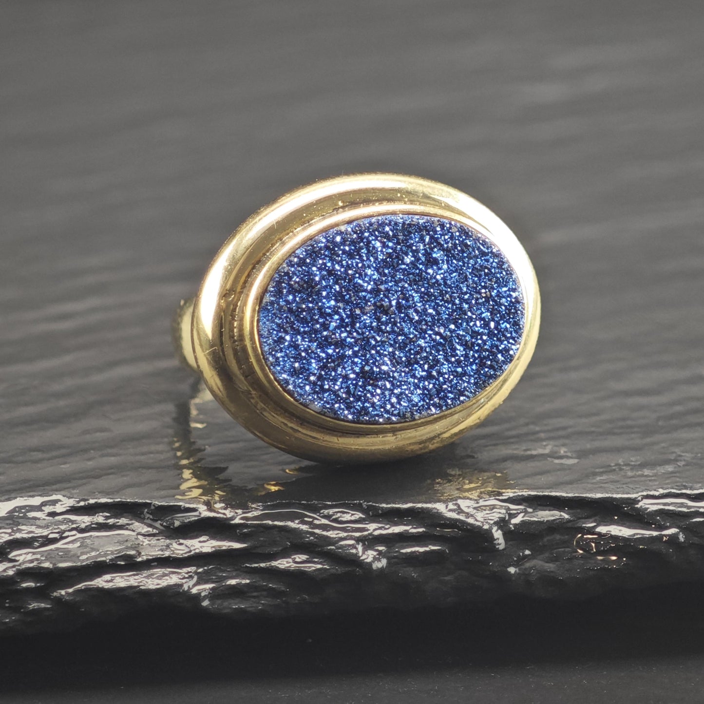 Blue Druzy Gold Plated Sterling Silver Ring Sz 6 1/4 R6678
