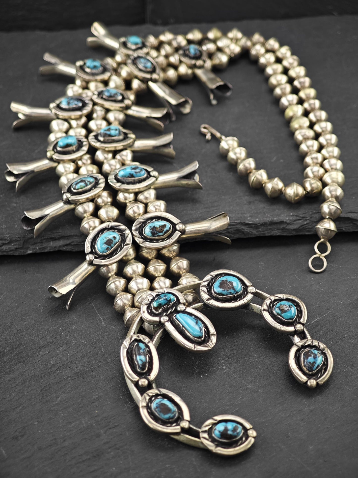 Native American Turquoise Squash Blossom Necklace Sterling Silver