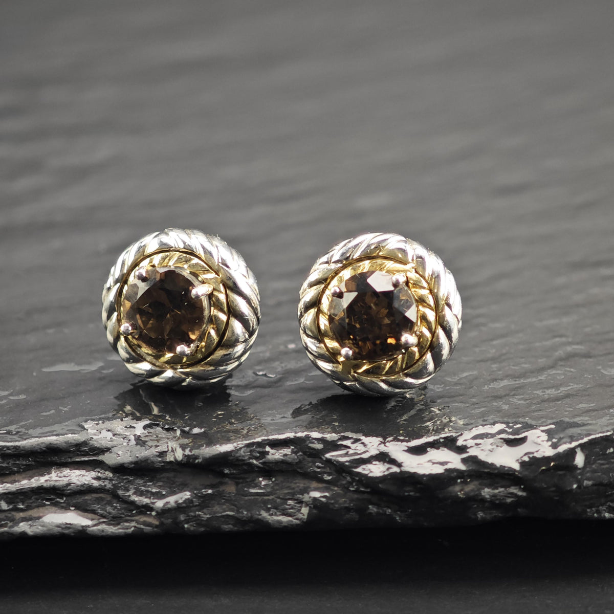 Vintage Designer Smoky Quartz 14k Bezel Stud Sterling Silver Earrings ER3230