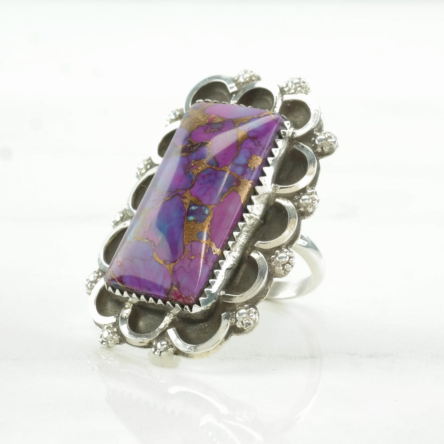 Southwest Silver Ring Purple Copper Dyed Turquoise Scallop Sterling Size 8