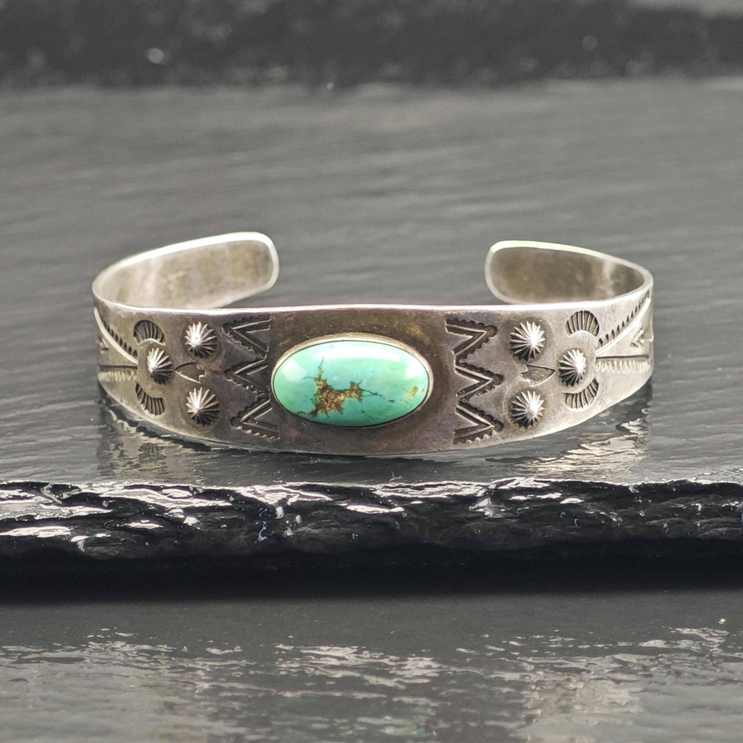 Fred Harvey Era Blue Gem Turquoise Stamped Sterling Silver Cuff Sz 6 1/4" BR3116
