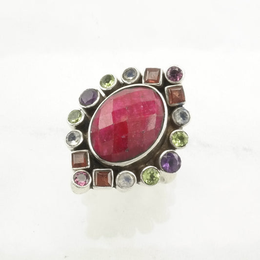 Nicky Butler SilverRing Ruby Cordundum Peridot, Amethyst, Garnet Sterling Pink Size 9