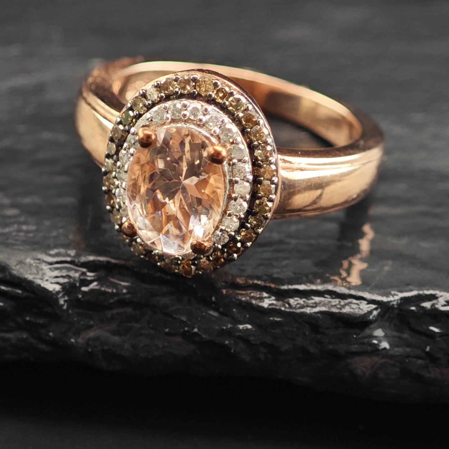 Morganite & Diamond Rose Gold Plated Sterling Silver Ring Sz 5 R6600