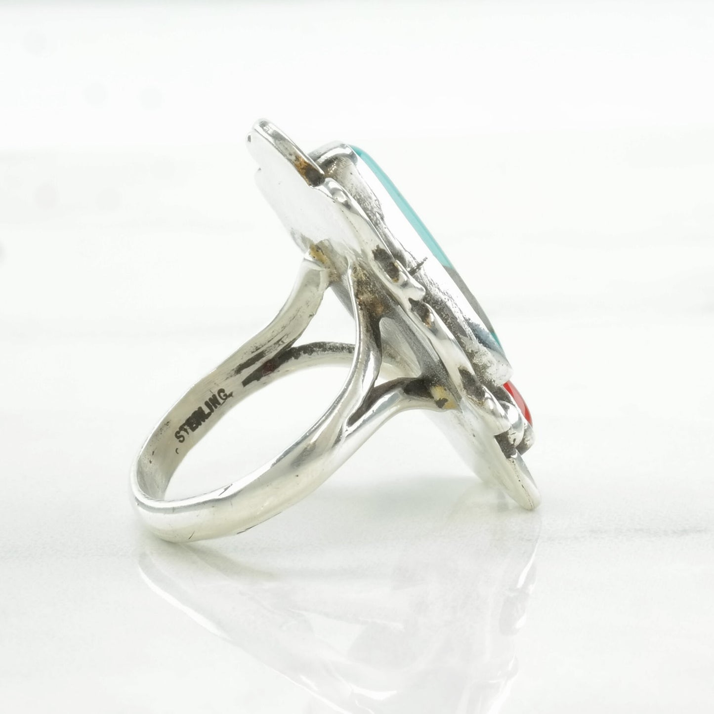 Native American Silver Ring Turquoise, Coral Sterling Size 6 3/4