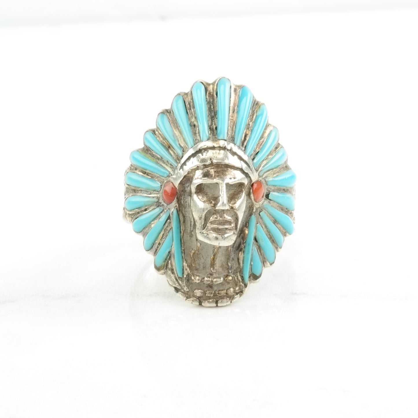 Biker Silver Ring Created Turquoise, Created Coral Headdress, Chief Sterling Blue, Red Size 11 3/4