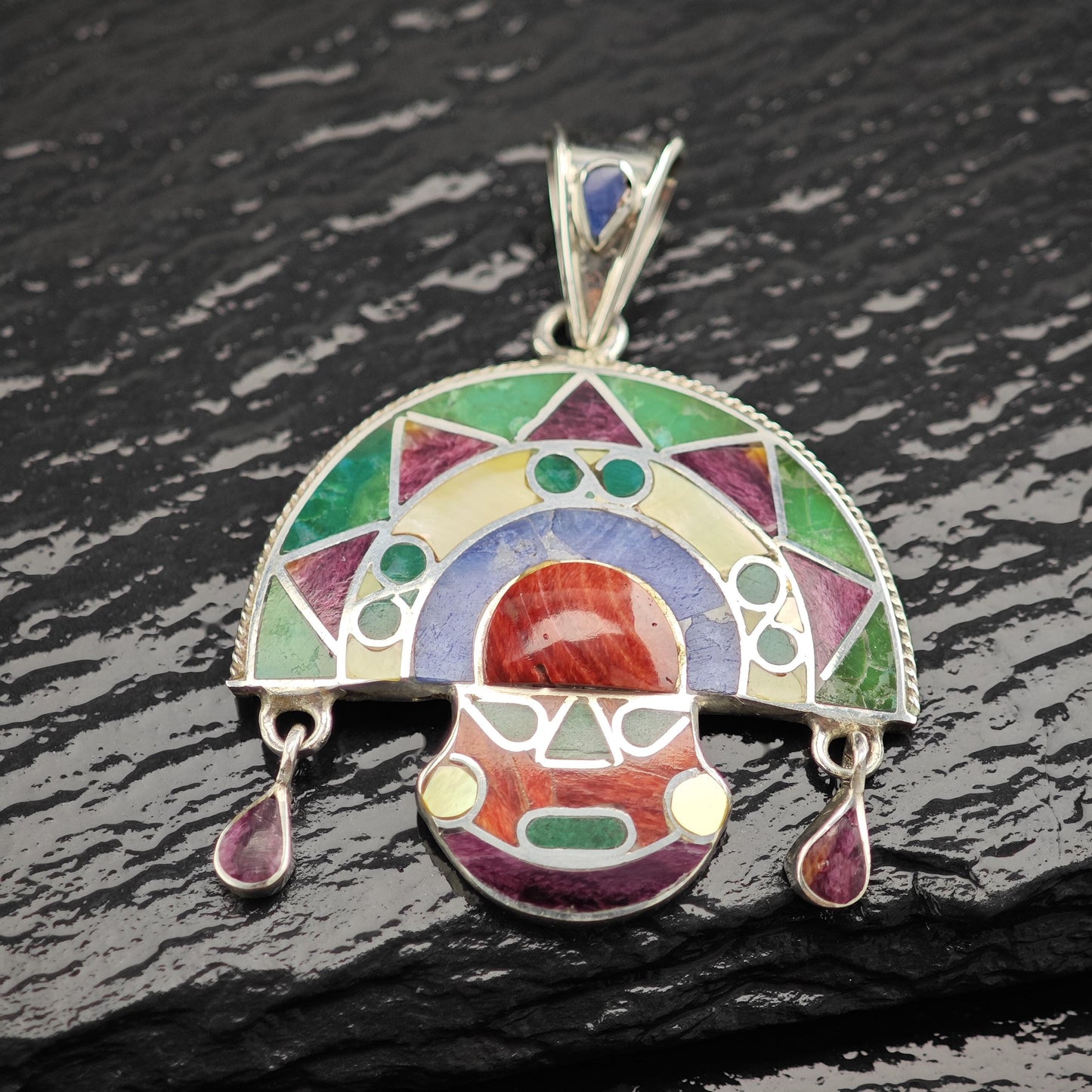 Vintage Gemstone Inlay Tumi Pendant Sterling Silver