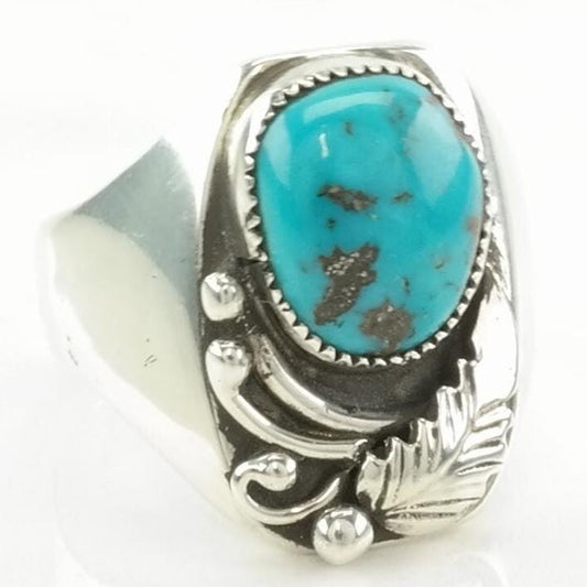 Vintage Native American Silver Ring Turquoise Leaf Sterling Blue Size 12