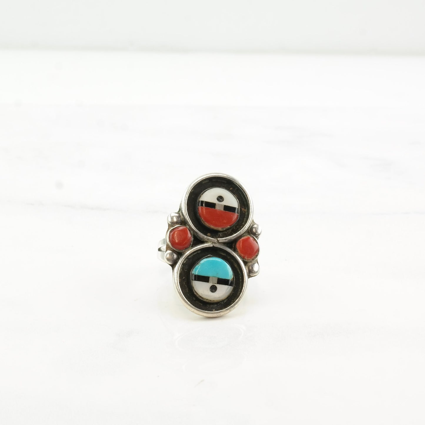 Vintage Native American Silver Ring Coral Turquoise MOP Onyx Two Sun Inlay Sterling Size 6 1/2