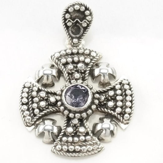 Vintage Created Alexandrite Jerusalem Cross Sterling Silver Pendant
