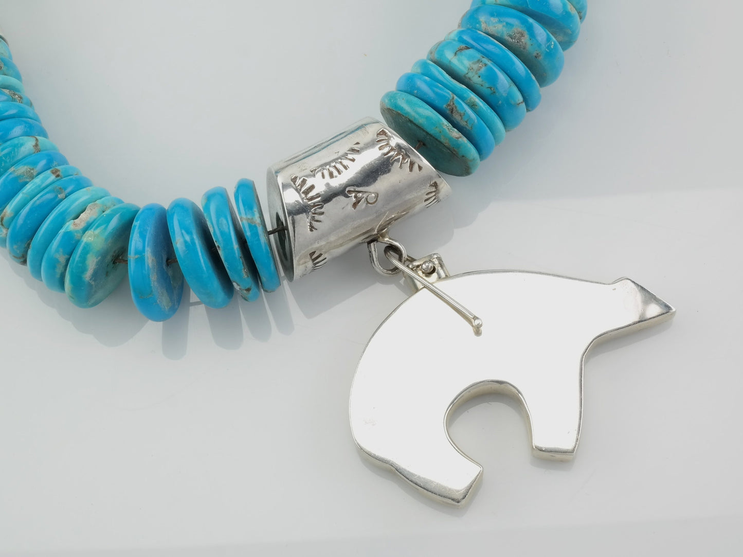 Vintage Native American Blue Turquoise Bear Heishi Necklace Sterling Silver