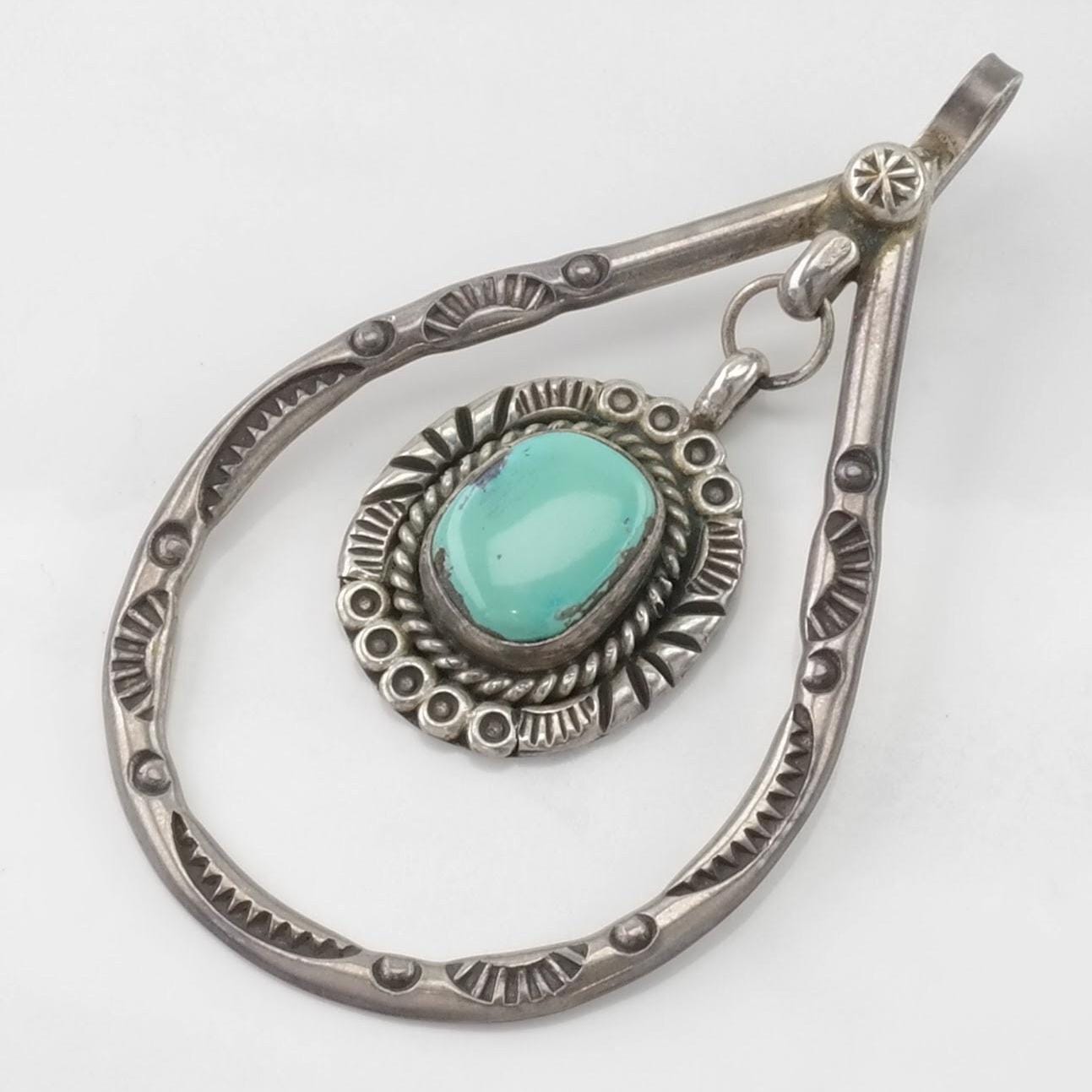 Vintage Native American Turquoise Hanging Stone Sterling Silver Pendant