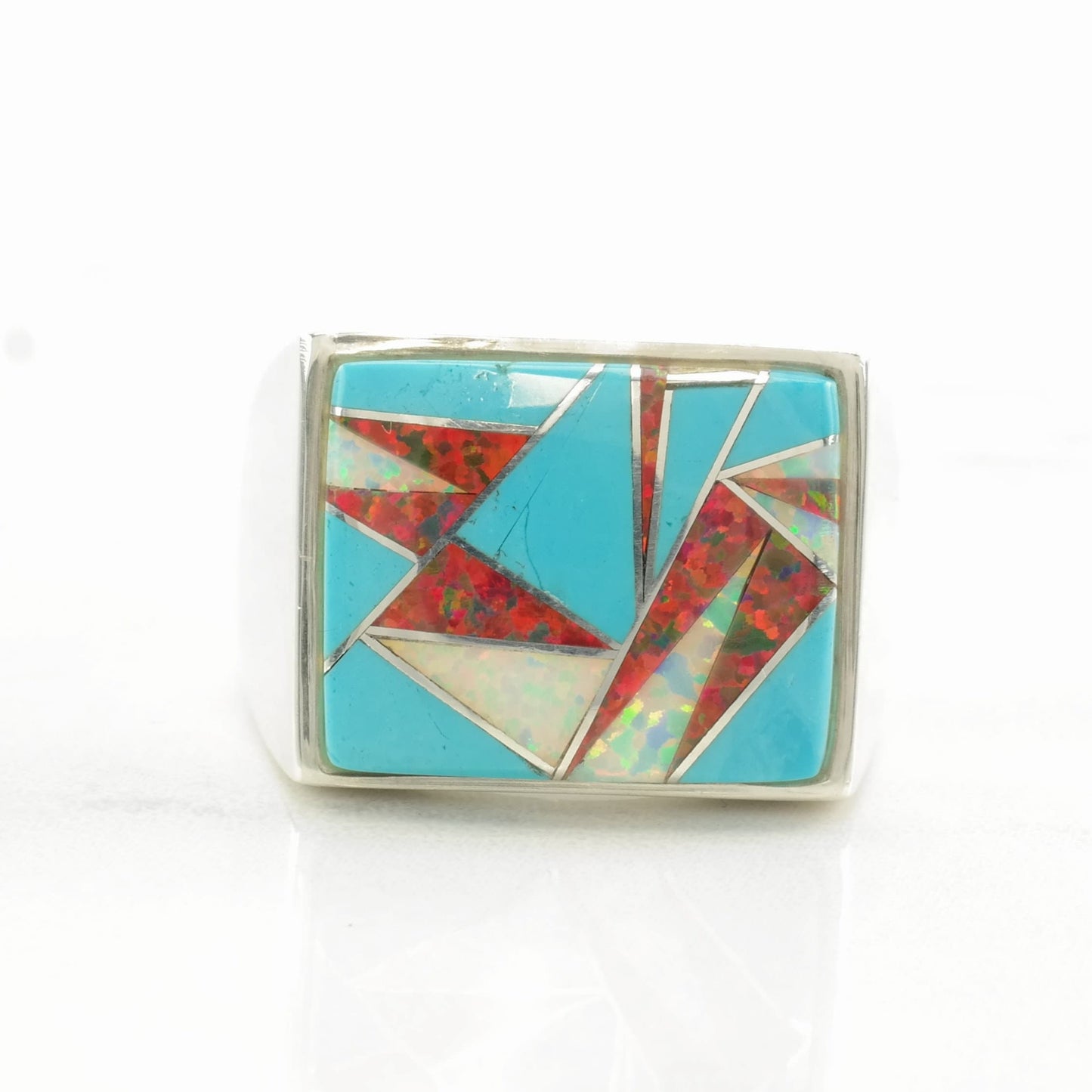 Southwest Silver Ring Turquoise Lab Opal Inlay Sterling Size 10 3/4