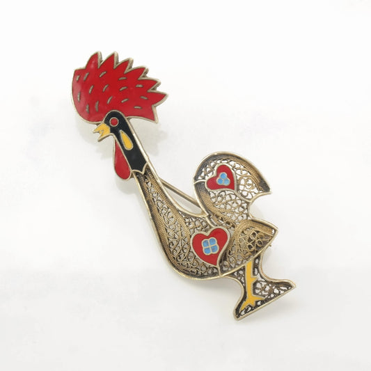 Topazio Sterling Silver Brooch Rooster, Filigree Enamel