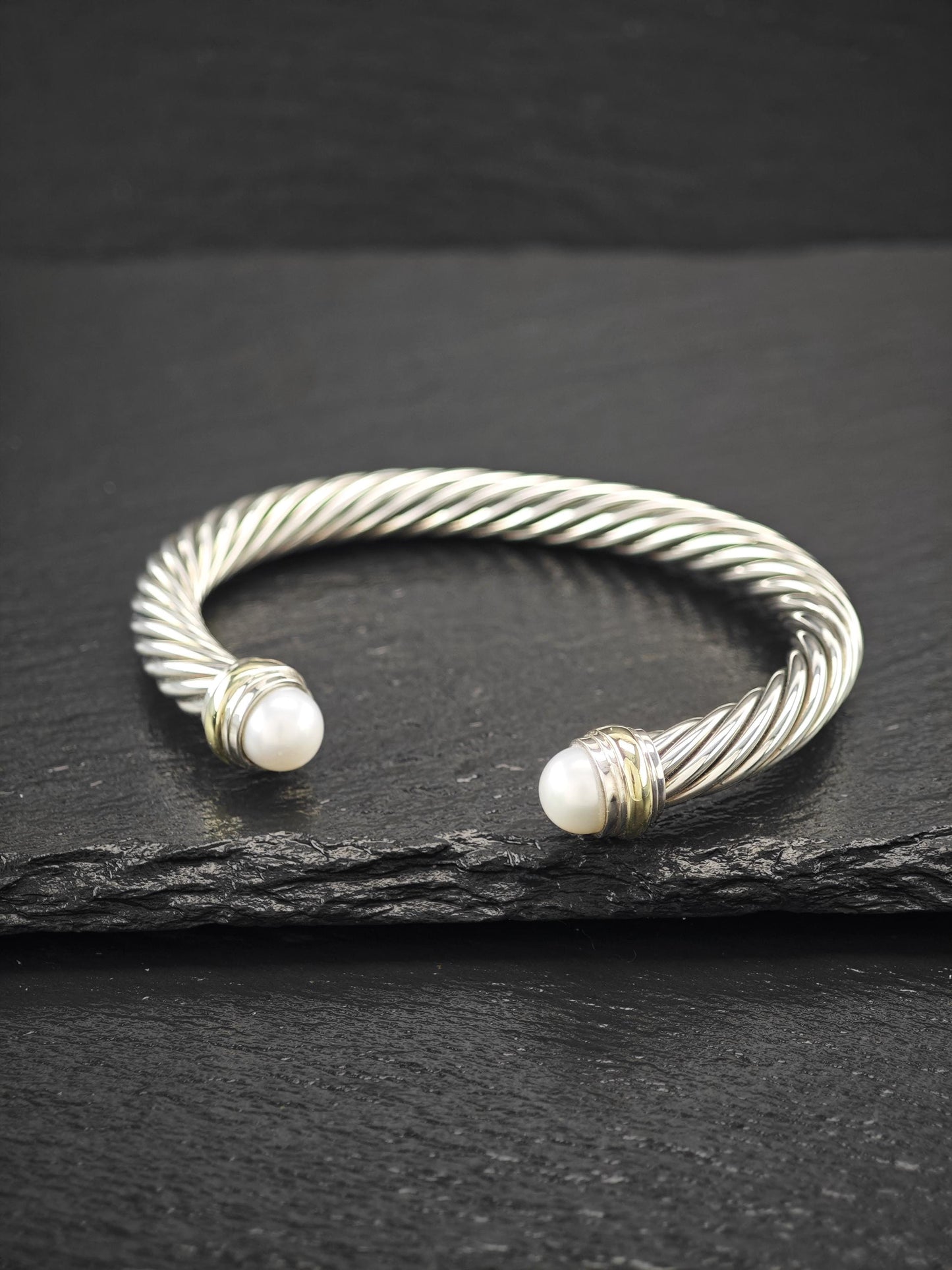 David Yurman 7mm 14K Gold, Pearl Cable Cuff Bracelet Sterling Silver