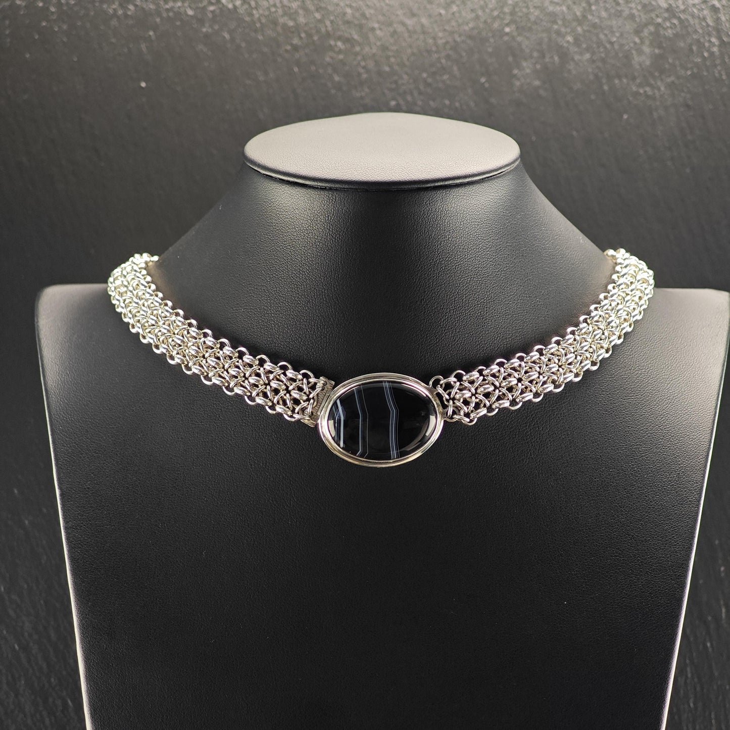 Handmade Designer Black, White Banded Agate Oval Necklace Sterling Silver N2563